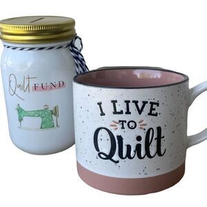 2 piece QUILTING set 1 Ceramic Bank and 1 13oz Ceramic Tea Coffee Cup